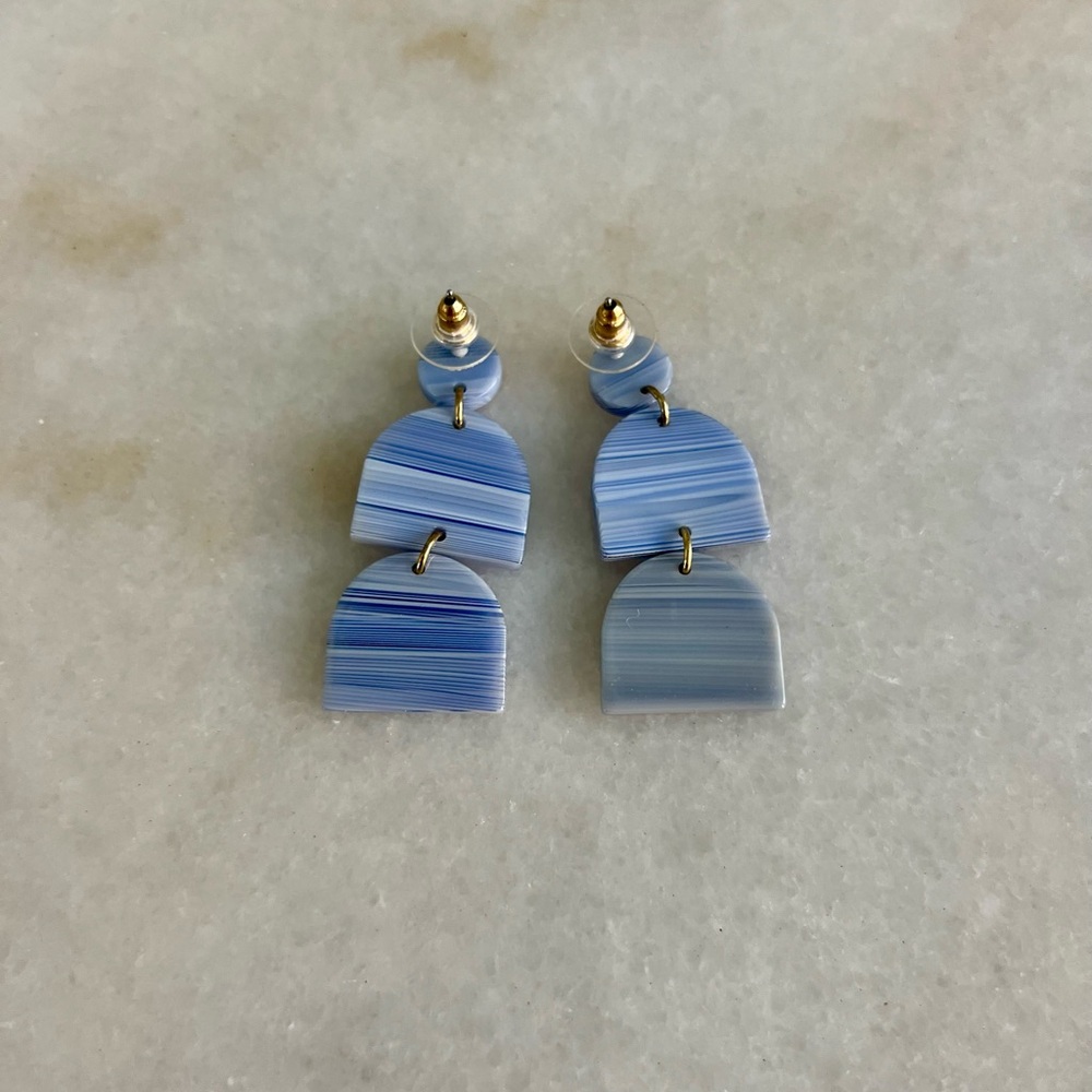 Madewell Earrings Art Deco Dangly Contemporary Modern Light Sky Blue Gold Stripe - Picture 3 of 5